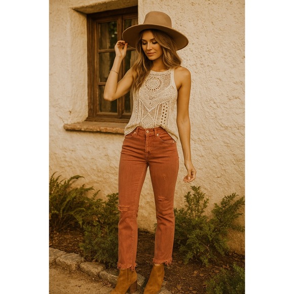 Free People We The Free  Ankle Cropped Jeans with Frayed‎ Hem Boho Fall vibes - Picture 1 of 5